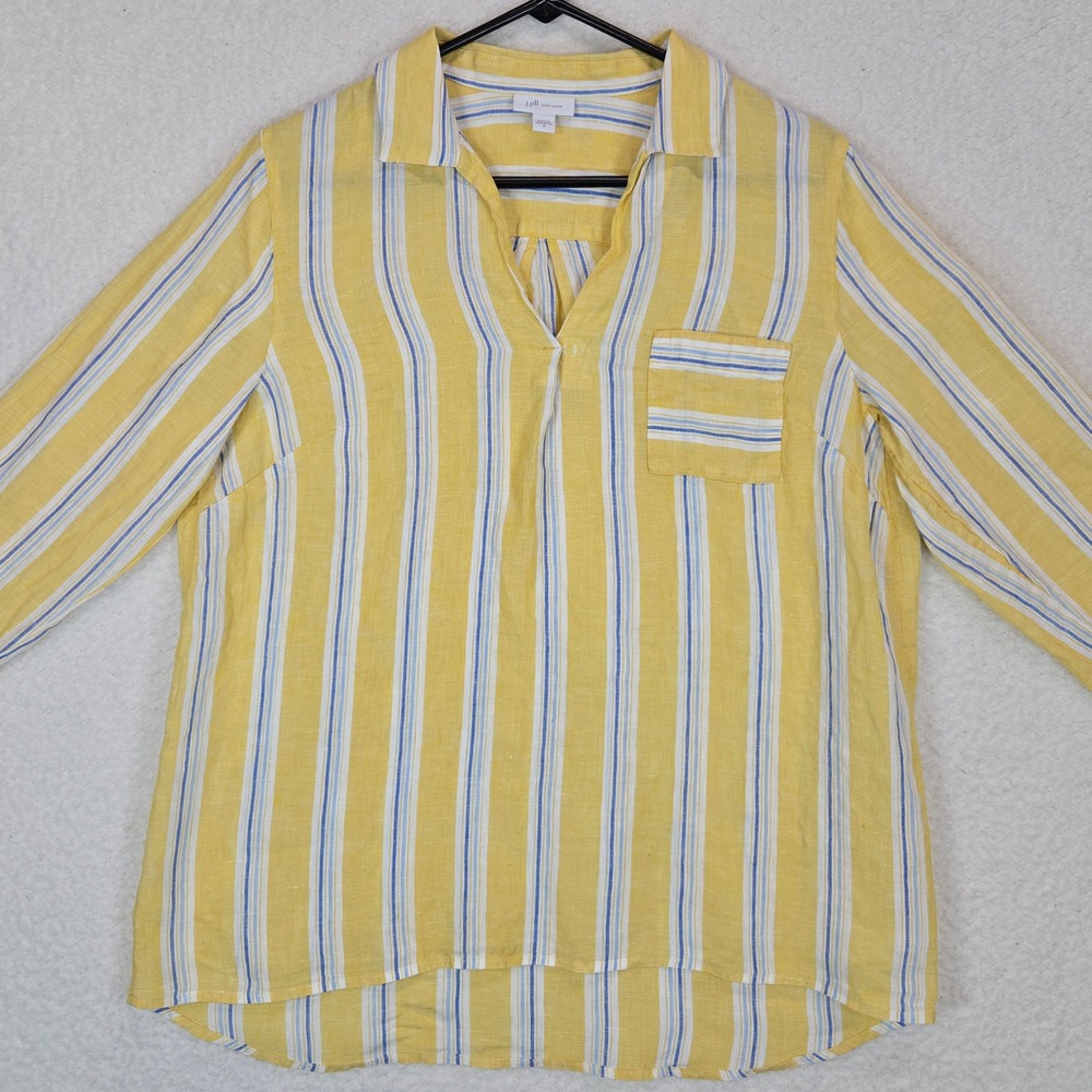 J. Jill Love Linen Tunic M Yellow Blue Stripe Coastal Mediterranean Popover - Picture 3 of 13